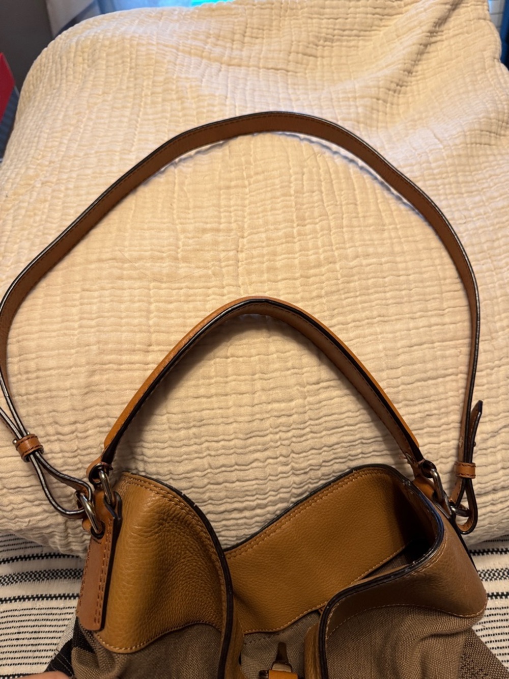 Burberry Tan and Beige Susanna Canvas Bucket Hobo Bag with Tassel Detail - Picture 9 of 9